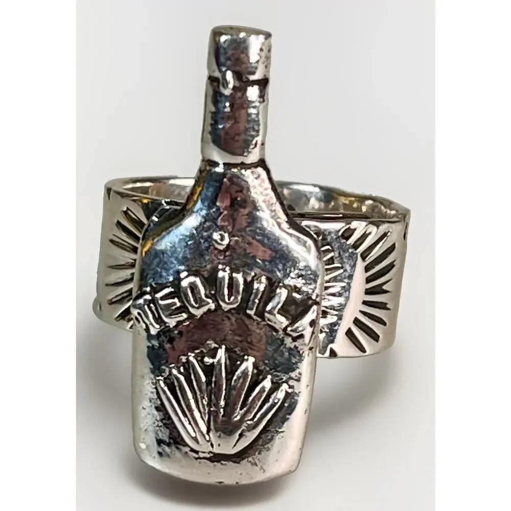 Sterling Silver TAXCO Mexico Tequila Bottle Ring Wide Stamped Band Adjustable